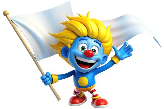 Colorful cartoon character with bright blue skin, yellow hair, and a wide smile enthusiastically waves a white flag with red stripes in mid-air celebration.