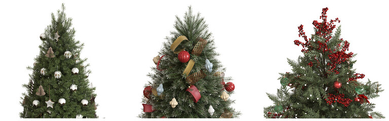 Christmas tree with decorations, set of New Year's trees, isolate on a transparent background, 3d illustration, cg render
