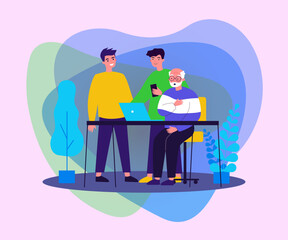 Two young and one senior men watching movie. Guys explaining to granddad how to use laptop flat vector illustration. Technology and entertainment concept for banner, website design or landing web page
