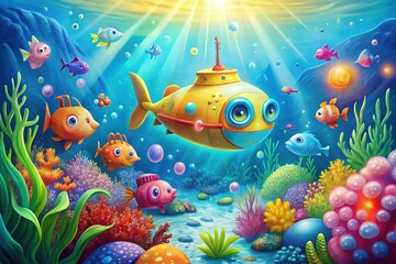 Colorful, whimsical underwater scene featuring a bright blue cartoon submarine with blinking lights, bubbles, and seaweed, surrounded by friendly fish and ocean creatures.