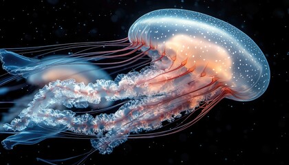 Obraz premium A mesmerizing jellyfish with a spotted bell. This image can be used for nature documentaries, websites, and marketing materials.