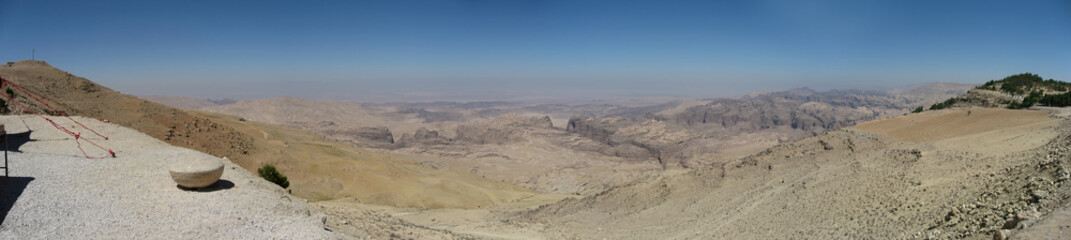 Valley of Moses or Wadi Musa panoramic desert view from outlook on sunny day