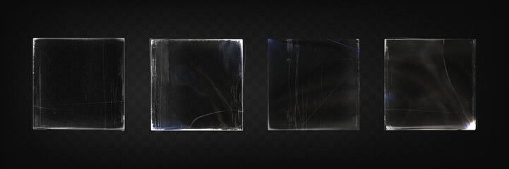 Vinyl vintage cd album or photo cover with cracks, worn edges and scratches. Old paper and plastic square frame with overlay effect. Realistic vector set of retro rough distressed disc package.