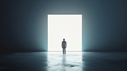 Obraz premium Man Standing in Front of a Bright White Light in a Dark Room, Symbolizing New Beginnings and Opportunities