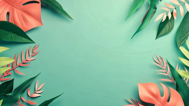 Vibrant tropical leaves frame a soft mint background