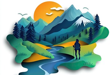 Adventurous Hiker in Paper Cut Style Exploring Nature with Mountains and Rivers in Background