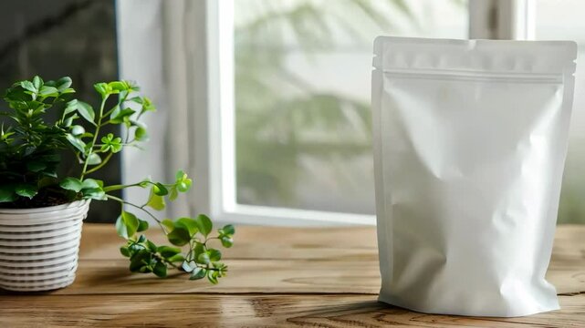 White package, bag mockup on a wooden table. 