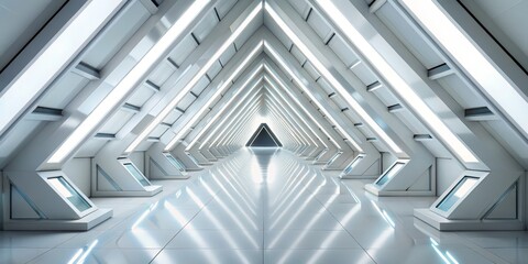 Obraz premium Futuristic White Corridor Perspective View, 3D Rendering, White Walls, Bright Lights, Geometric Architecture, Futuristic Design, Science Fiction