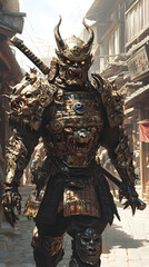 A samurai wearing menacing armor made from oni material, with a helmet, walking through an Edo period town during bright daylight