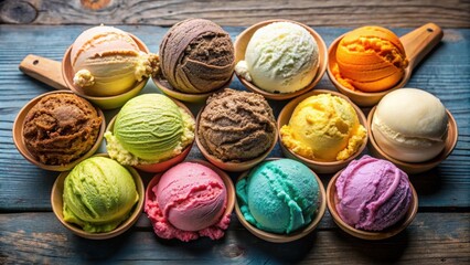 Obraz premium Delicious scoop of ice cream in various flavors, perfect for a sweet treat , dessert, frozen, summer, tasty, sweet, indulgence