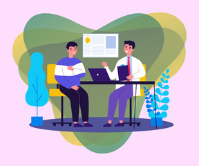 Young man suffering with heart disease. Cardiologist consulting patient in pain flat vector illustration. Healthcare and medicine concept for banner, website design or landing web page