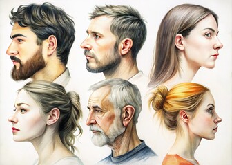 Fototapeta premium Delicate pencil strokes bring to life profiles of human faces set against a crisp white background, showcasing subtle contours and gentle features.
