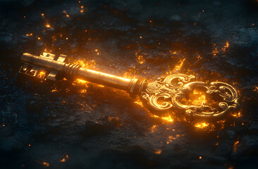 “An Ornate Golden Key Glowing with an Ethereal Light, Symbolizing Secrets, Unlocking Hidden Knowledge, and Mystical Power, Set Against a Dark Background, Evoking Themes of Mystery, Fantasy, and the Qu