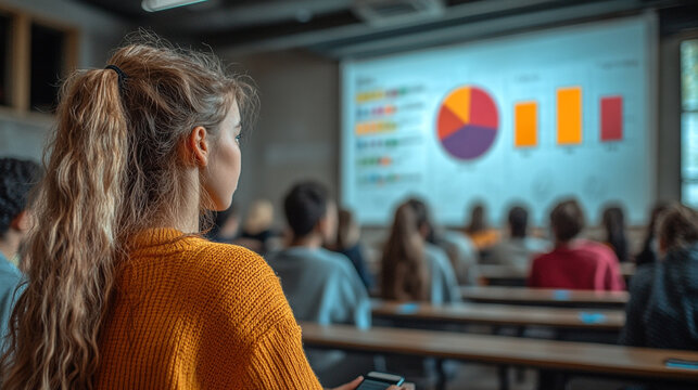 A student observes a presentation in a classroom with colorful graphs and charts displaying data insights and analysis.