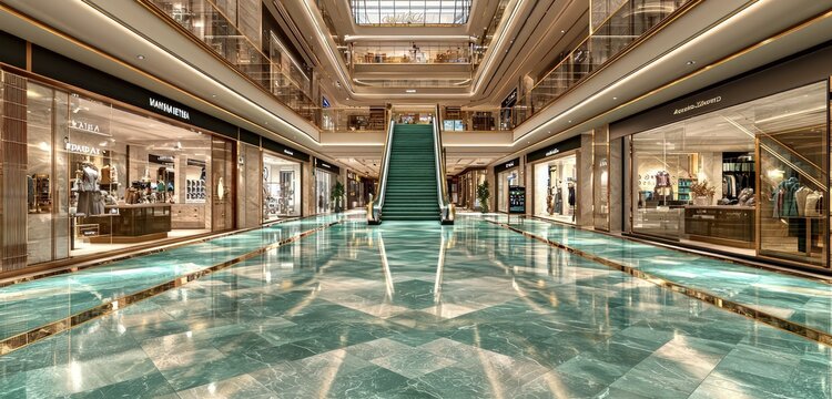High-end shopping mall with jade marble floors, central staircase, and upscale stores.
