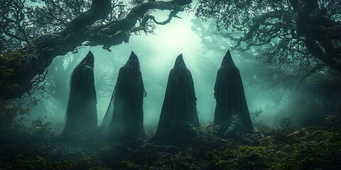 Three cloaked figures in shadowy silhouettes evoke a haunting Halloween atmosphere, perfect for spooky event promotions, party invitations, or thematic decor with copy space.