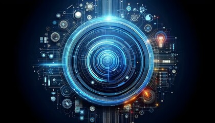 Obraz premium Creative bright blue tech wallpaper with linear circle. Innovation and technology concept. 3D Rendering.