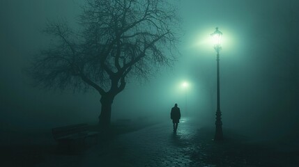 A solitary figure walks through a foggy park at night, illuminated by streetlights, perfect for Halloween events, haunted themes, or spooky storytelling. With copy space.