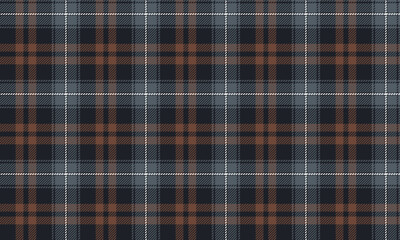 Plaid fabric pattern, black, brown, blue, white, seamless for textile and design clothes skirt pants apron tablecloth blanket or decoration. Vector illustration.