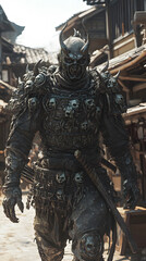 A samurai wearing menacing armor made from oni material, with a helmet, walking through an Edo period town during bright daylight