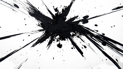 An abstract black ink splatter spreading across transparent background, creating a bold, chaotic visual impact. The high-contrast design evokes a sense of spontaneity and energy.