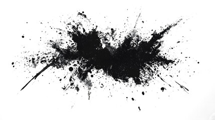 An abstract black ink splatter spreading across transparent background, creating a bold, chaotic visual impact. The high-contrast design evokes a sense of spontaneity and energy.