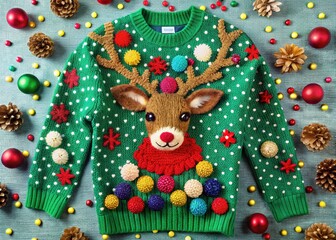 Festive holiday sweater features a brightly colored, misshapen reindeer surrounded by gaudy pom-poms, sequins, and mismatched buttons on a soft, chunky knit background.