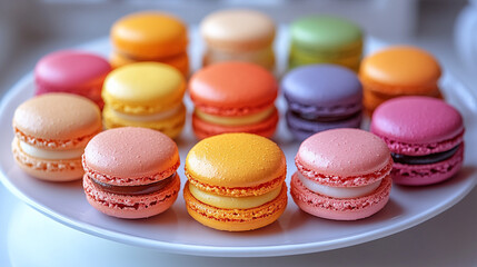 Obraz premium A vibrant display of colorful macarons arranged beautifully on a white plate, perfect for dessert lovers and pastry enthusiasts.