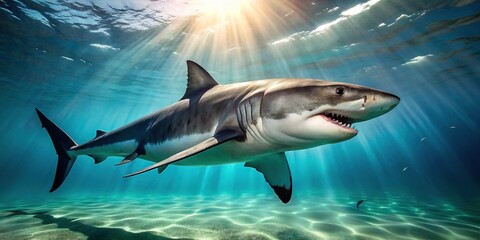Fototapeta premium Fierce predator swims through turquoise ocean waters, its sharp pointed bill and serrated teeth gleaming in sunny light, powerful body gliding effortlessly through the sea.