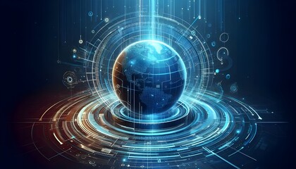 Fototapeta premium Creative bright blue tech wallpaper with linear circle. Innovation and technology concept. 3D Rendering.
