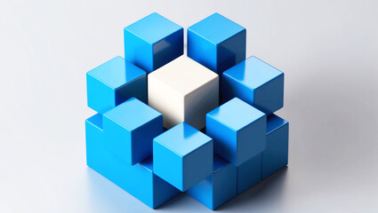 3D Geometric Design of Blue Cube Shape with One White Unique Cube Contrasting with the Surrounding Blue Cubes. Generative AI Technology