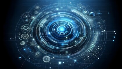 Creative bright blue tech wallpaper with linear circle. Innovation and technology concept. 3D Rendering.