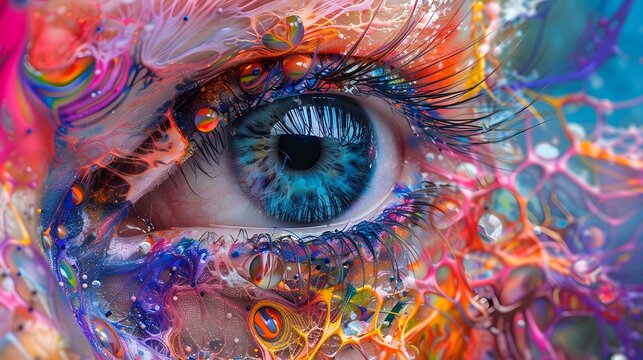 Close-up of a vibrant blue eye with abstract colorful paint splatter surrounding it.