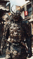 A samurai wearing menacing armor made from oni material, with a helmet, walking through an Edo period town during bright daylight