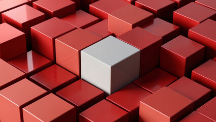 Obraz premium 3D Geometric Design of Red Cube Shape on the Ground with One White Unique Cube Contrasting with the Surrounding Red Cubes. Generative AI Technology