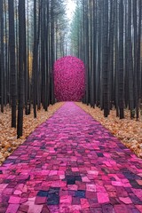 A pink brick road leads through a dark forest. The path is a magical, surreal image perfect for illustrating fantasy or adventure stories.