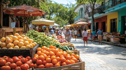 A vibrant street market filled with fresh fruits, colors, and bustling activity, perfect for showcasing local culture and produce.