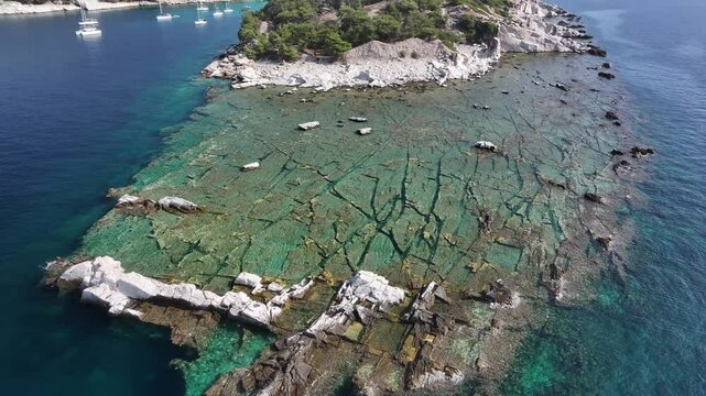 Aerial view of Alyki Ancient Marble Quarry, Thassos, Greek Islands, Greece, Europe 