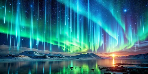 Fototapeta premium Northern Lights Symphony A Digital Painting of Vivid Aurora Borealis Over Snowy Mountains and a Calm Lake, Aurora Borealis, Northern Lights, Landscape