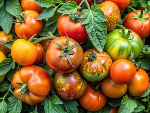 Freshly harvested tomatoes display various disease symptoms, including yellowing leaves, black spots, and powdery mildew,
