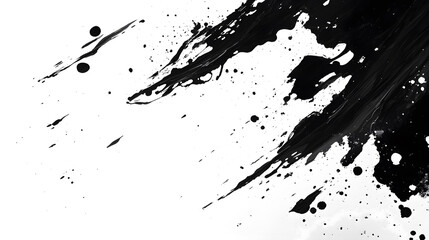 An abstract black ink splatter spreading across transparent background, creating a bold, chaotic visual impact. The high-contrast design evokes a sense of spontaneity and energy.