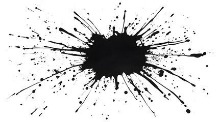 An abstract black ink splatter spreading across transparent background, creating a bold, chaotic visual impact. The high-contrast design evokes a sense of spontaneity and energy.