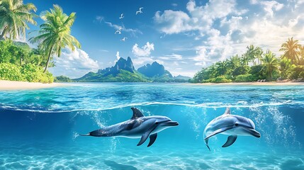 Dolphins Jumping in Tropical Paradise