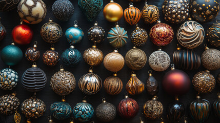 A collection of exquisite Christmas ornaments in various colors and textures, with artistic patterns and details