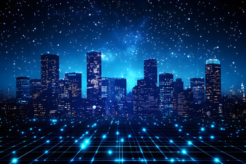 Obraz premium City skyline at night with glowing grid pattern in the foreground.