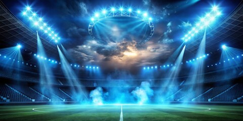 Fototapeta premium Stadium Spotlight A Blue Night Sky with Dramatic Lighting and Smoke, Stadium, Football, Soccer