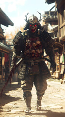 Fototapeta premium A samurai wearing menacing armor made from oni material, with a helmet, walking through an Edo period town during bright daylight