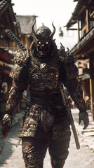 Fototapeta premium A samurai wearing menacing armor made from oni material, with a helmet, walking through an Edo period town during bright daylight