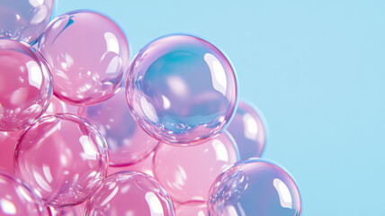 Glossy translucent paint bubbles in pastel shades floating over a pale gradient background 