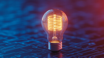 Glowing light bulb with circuit patterns etched into the glass on a tech themed backdrop 